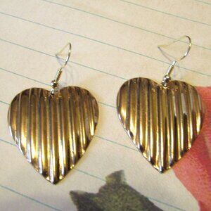 Heart Goldtone Metal Upcycled Ridged 80's Style Goldplate Fish Hook Earrings